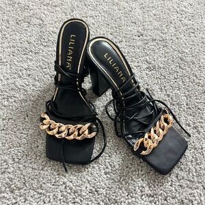 Liliana Black Heels with Gold Chain Accent